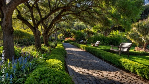 A serene garden pathway lined with benches and lush greenery, inviting relaxation and reflection.