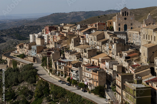 Beautiful panorama of the old Sicilian town, bird's eye view of Monterosso, travel around Italy, old architecture on the hill, typical Sicilian buildings, no people, Sicily.