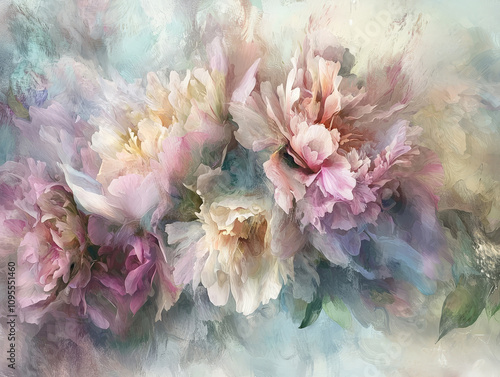 cluster of pastel peonies in full bloom, densely ruffled and beautifully arranged, creating soft and dreamy floral composition. delicate colors evoke sense of tranquility and elegance