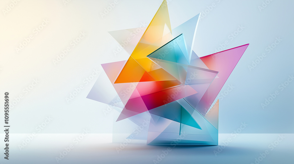 A shape made of colorful and transparent triangles is overlapping another shape A shape made of colorful and transparent triangles is overlapping another shape