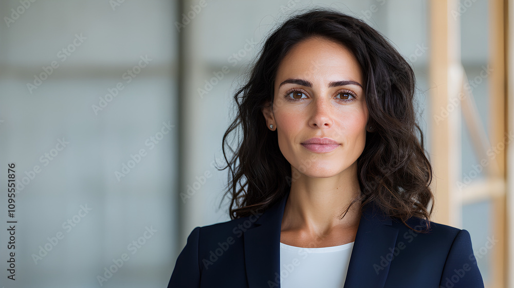 Successful Business Woman Holding a Tablet in a Dark Blue Suit