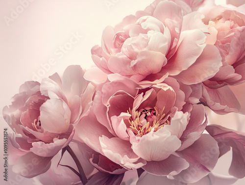Highly detailed pastel peonies in full bloom, showcasing soft petals and delicate colors, evoke sense of tranquility and beauty
