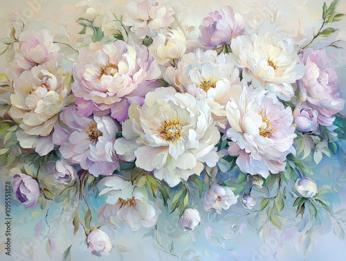 Exquisite pastel peonies with many layers, ruffled petals, and soft colors create serene floral arrangement. This artwork evokes sense of tranquility and beauty