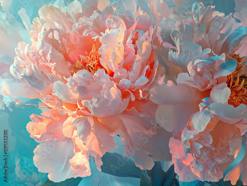 Densely layered pastel peonies with ruffled petals create soft, dreamy atmosphere. Their delicate hues evoke sense of tranquility and beauty