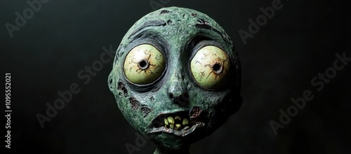 Zombie emoticon with greenish skin, droopy eyes, on a black background