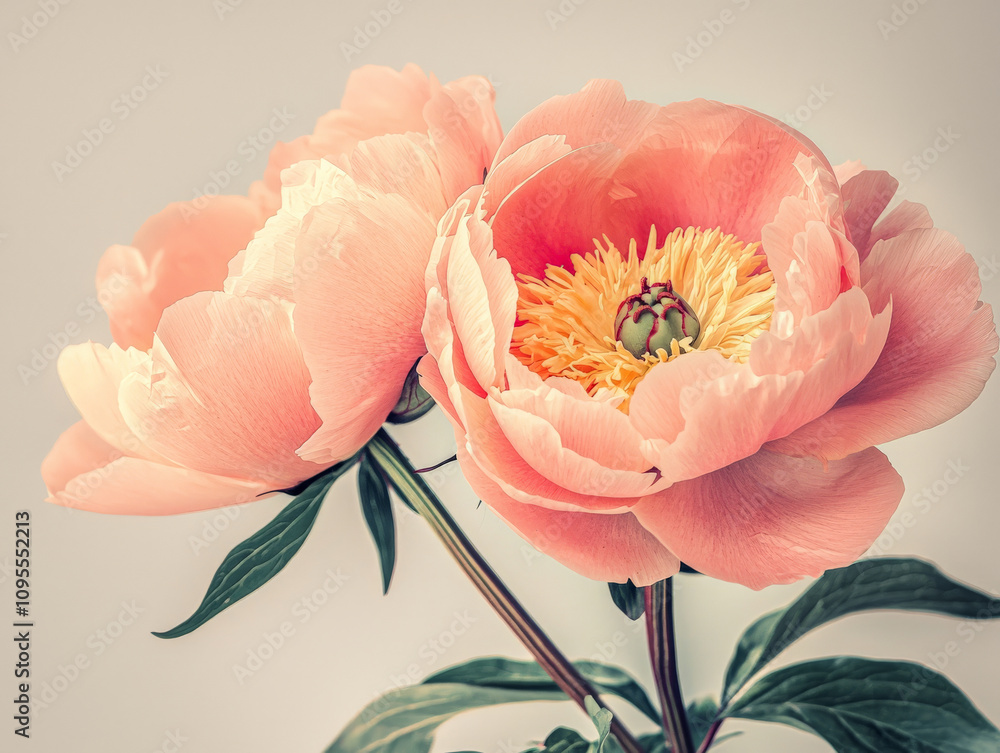 Naklejka premium Pastel peonies with vintage film grain effect create soft, romantic atmosphere. These delicate flowers showcase their intricate petals and vibrant center beautifully