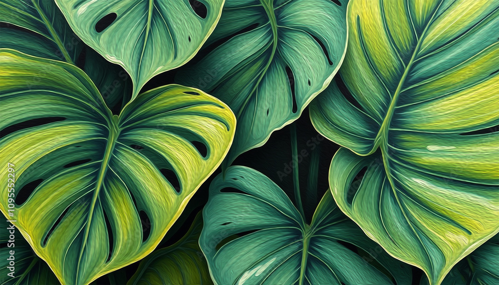 Monstera leaves. Oil painting. Pattern for printing on wall decorations, covers, leaflets, business cards Monstera leaves. Oil painting. Pattern for printing on wall decorations, covers, leaflets, business cards