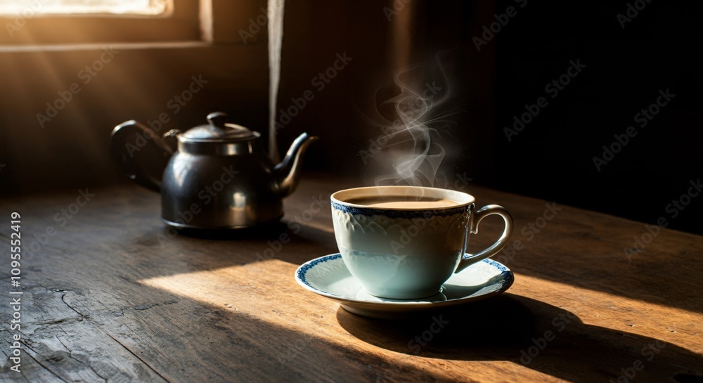 Obraz premium Morning coffee on a rustic wooden table with sunlight streaming through the window