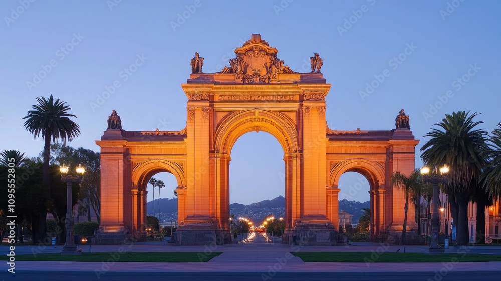 Fototapeta premium Stunning Archway at Dusk, Illuminated by Golden Lights with Palm Trees and Clear Sky Creating a Picturesque Urban Landscape in San Francisco, California