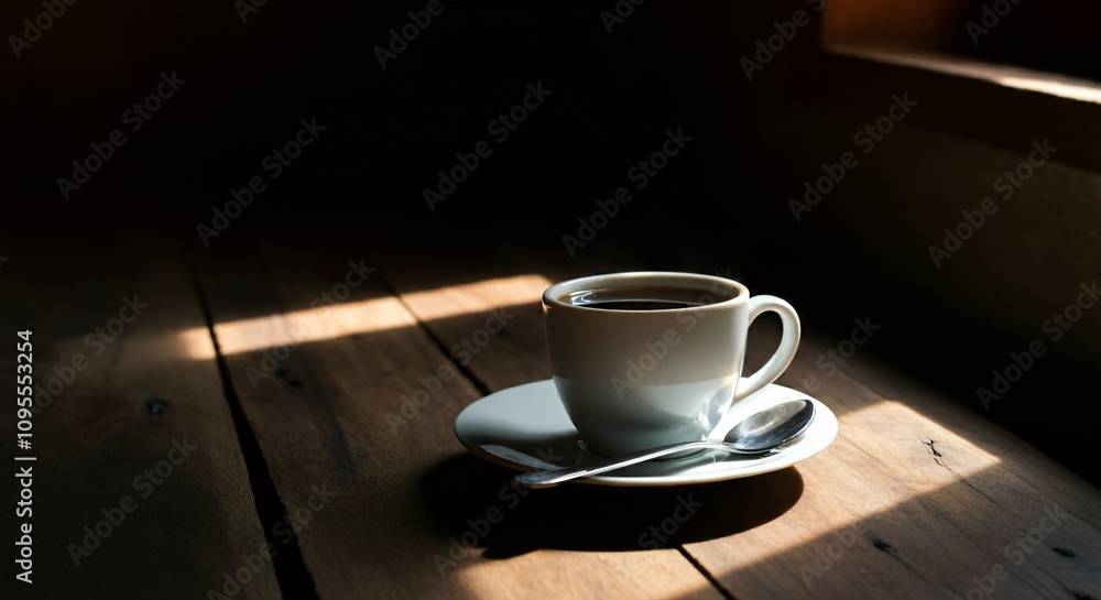 Morning coffee on a rustic wooden table with sunlight streaming through the window Morning coffee on a rustic wooden table with sunlight streaming through the window