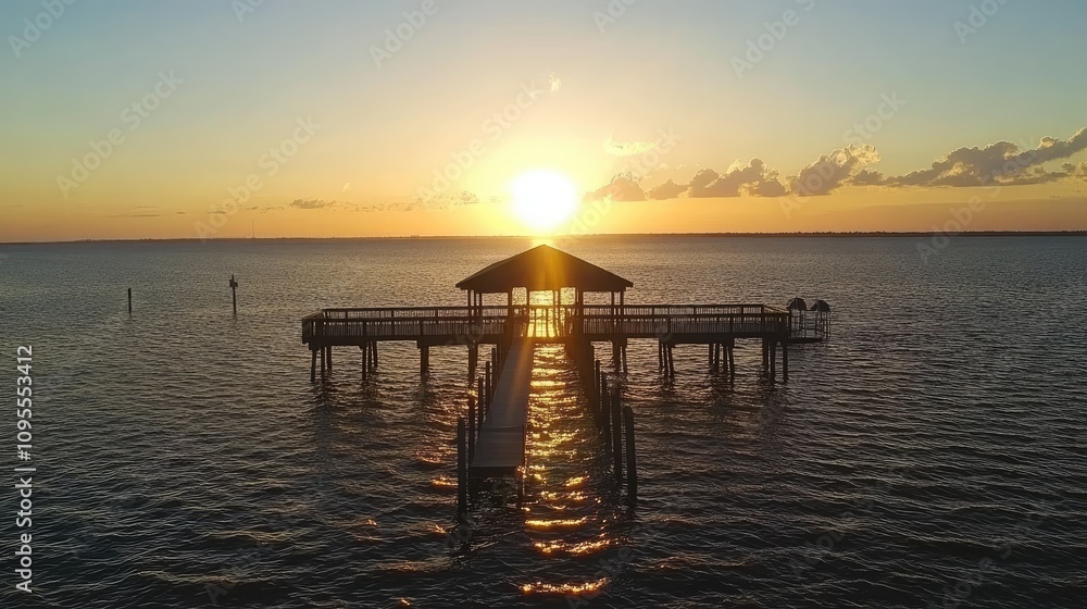 Serene Sunset over Peaceful Pier with Reflections on Water, Capturing the Essence of Nature's Beauty at Dusk, Ideal for Travel and Landscape Themes Serene Sunset over Peaceful Pier with Reflections on Water, Capturing the Essence of Nature's Beauty at Dusk, Ideal for Travel and Landscape Themes