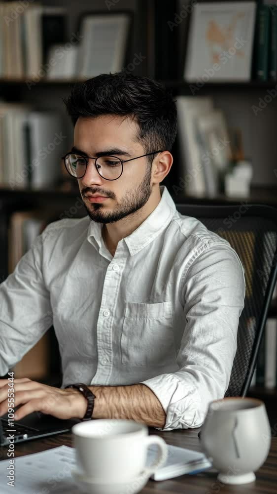 Young man working on laptop at home office with bookshelves in the background Young man working on laptop at home office with bookshelves in the background
