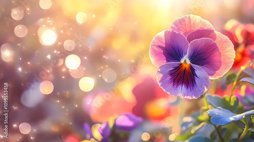 A Soft-Focused Pansy Flower in Full Bloom, Gently Glowing in the Sunlight, Surrounded by a Magical Bokeh Glitter Effect, Creating an Ethereal and Dreamlike Atmosphere