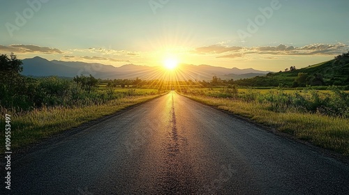 Rural Road at Sunrise with Distant Mountains Concept of Journey Success Hope and New Beginnings