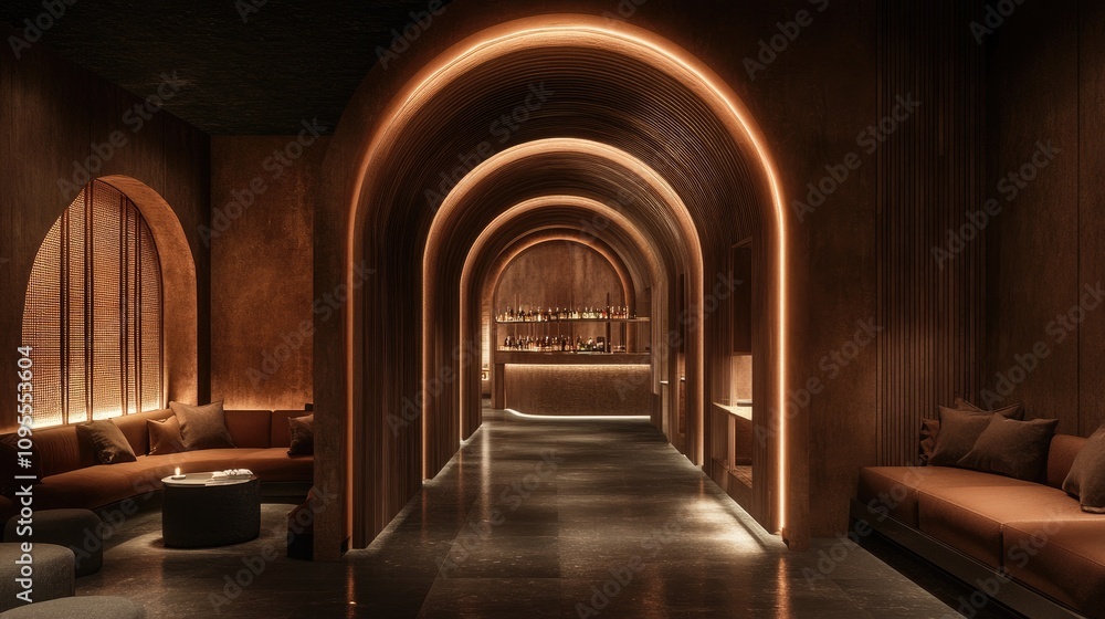 Modern Interior Design of a Stylish Lounge Featuring Warm Lighting and Elegant Arches for a Relaxing Atmosphere Modern Interior Design of a Stylish Lounge Featuring Warm Lighting and Elegant Arches for a Relaxing Atmosphere