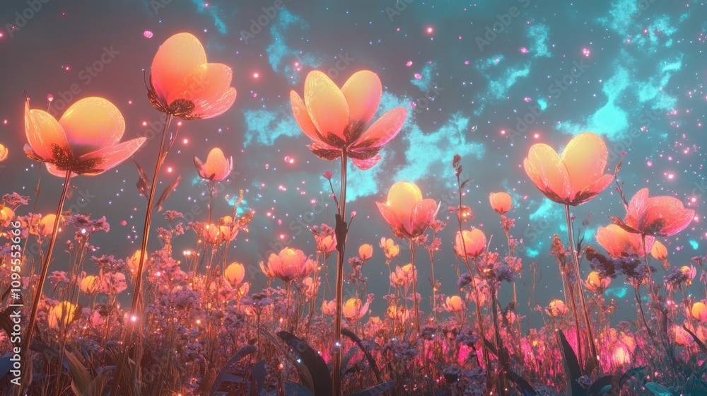 A vibrant field of glowing flowers under a colorful sky, evoking a dreamlike atmosphere. A vibrant field of glowing flowers under a colorful sky, evoking a dreamlike atmosphere.