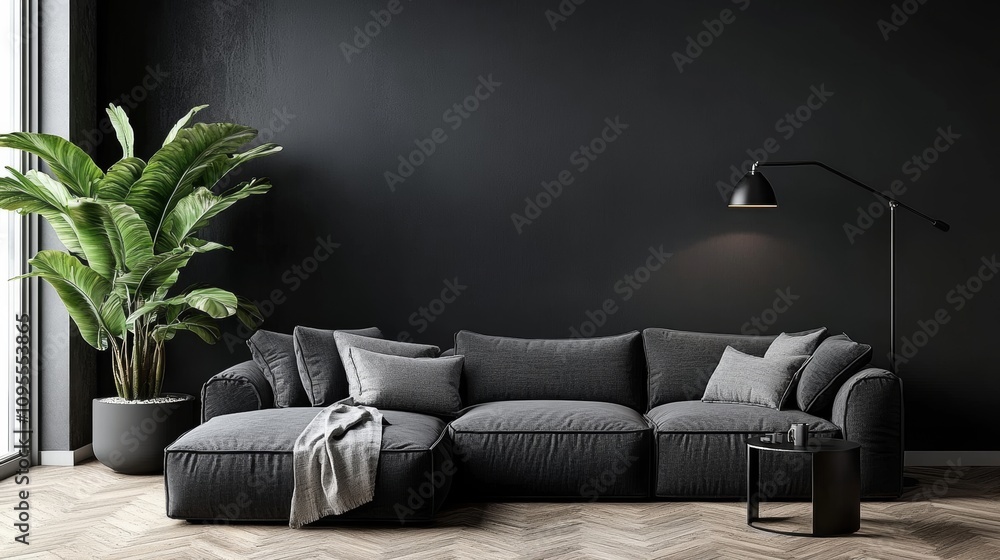Modern minimalist living room with gray sectional sofa and black accents Modern minimalist living room with gray sectional sofa and black accents