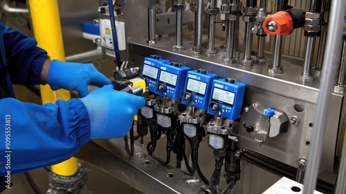 Technician Using Digital Instruments to Monitor and Control Industrial Equipment Inside a Modern Factory Environment with Precise Calibration Tools