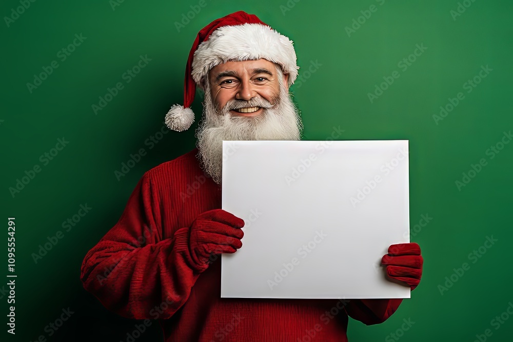 Naklejka premium Cheerful man dressed as Santa Claus holding a blank sign against a green background during the holiday season. Generative AI