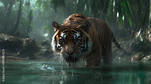 Majestic Tiger Walking Through Lush Green Jungle Flanked by Dense Foliage and Serene Waters, Captured in the Heart of Untamed Nature