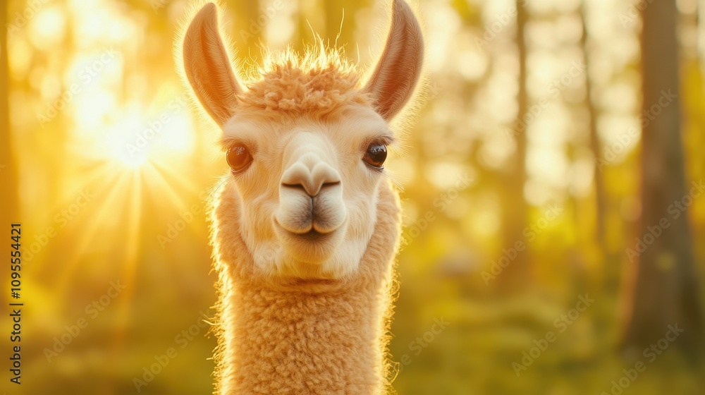 Obraz premium National Llama Day, a llama standing gracefully in a golden field at sunrise with mountains in the background.