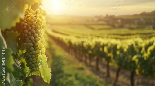 Golden Hour Vineyard: A picturesque view of ripe grapes on the vine during sunset, showcasing the beauty of wine country.