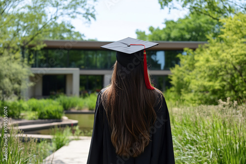 Back view of young graduate with long hair walking through campus, wearing cap and gown with red tassel, symbolizing achievement and the transition to new opportunities photo