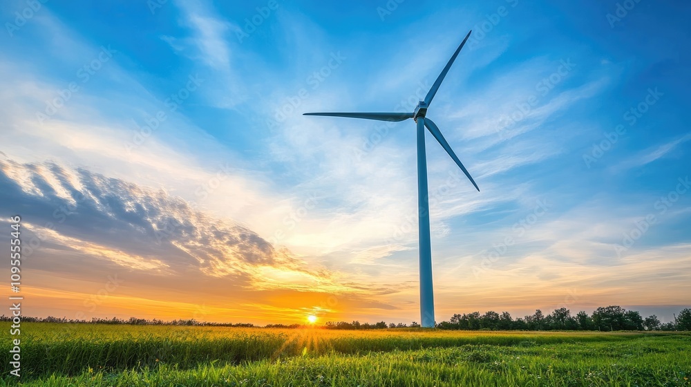 Majestic Wind Turbine Silhouette Against a Vibrant Sunset Sky with Lush Green Grass in the Foreground, Symbolizing Renewable Energy and Sustainable Future Majestic Wind Turbine Silhouette Against a Vibrant Sunset Sky with Lush Green Grass in the Foreground, Symbolizing Renewable Energy and Sustainable Future