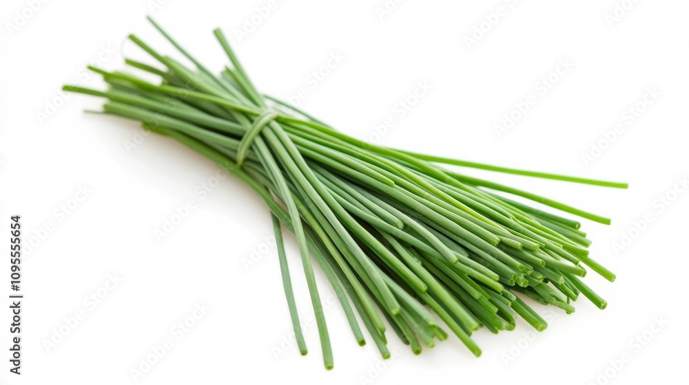 Fototapeta premium A fresh bunch of chives with its slender green stems and mild onion flavor, Each stem’s bright color and subtle imperfections captured with precision