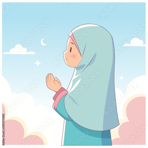 Adorable Muslim girl in hijab praying under a serene sky with crescent moon and stars. Perfect for Islamic themes, children’s books, and spiritual content.
