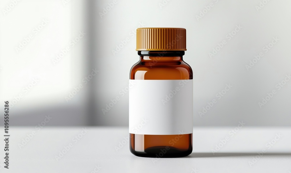 Amber glass bottle with blank label, minimalistic design, suitable for various liquids, placed on white surface, soft lighting Amber glass bottle with blank label, minimalistic design, suitable for various liquids, placed on white surface, soft lighting