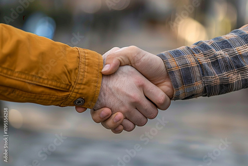 Wallpaper Mural Two hands, one wearing an orange jacket and the other in a plaid shirt, engaged in a firm handshake symbolizing unity and partnership. Torontodigital.ca