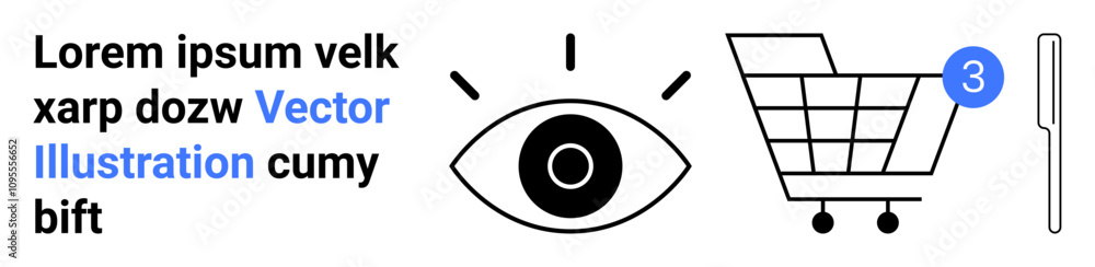 Shopping cart icon with notification bubble, eye icon, vertical bar, and placeholder text. Ideal for e-commerce, notifications, online shopping, marketing, retail, user interface, digital design Shopping cart icon with notification bubble, eye icon, vertical bar, and placeholder text. Ideal for e-commerce, notifications, online shopping, marketing, retail, user interface, digital design