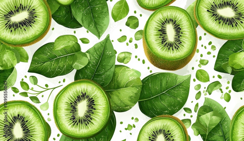 Fototapeta premium Flat vector pattern with vibrant kiwi fruit on a clean white backdrop