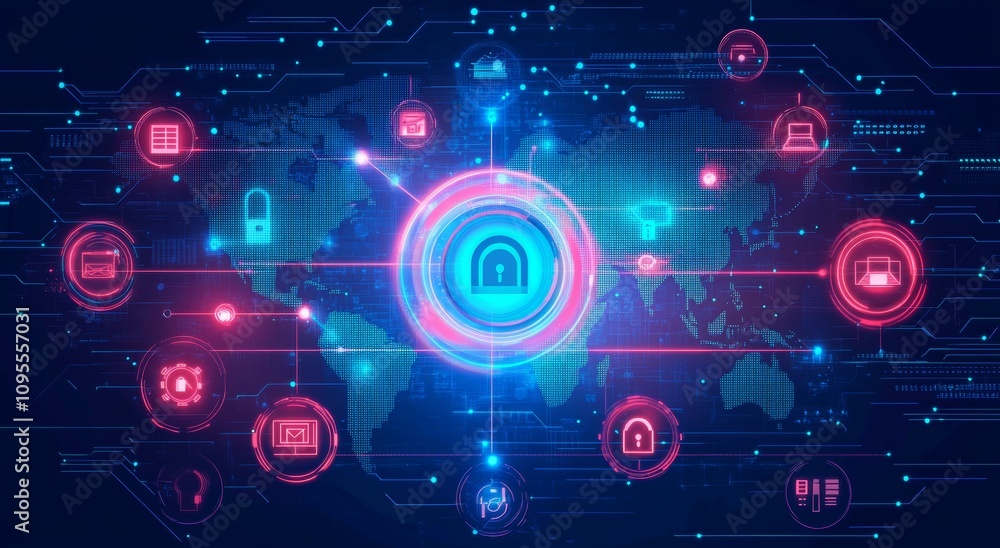 Futuristic High-Tech World Map Digital Artwork with Neon Lights and Security Icons Futuristic High-Tech World Map Digital Artwork with Neon Lights and Security Icons