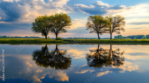 Trees on the Shore of a Quiet Lake in Eastern Poland, Reflecting the Soft Evening Clouds in the Water, Evoking a Sense of Calm and Beauty