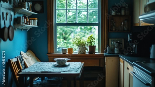 A Kitchen Nook with a View of a Tree Through a Window