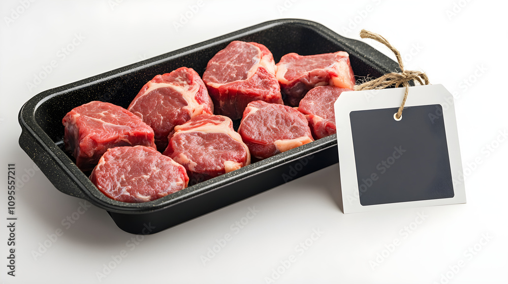 Meat tray on a clean, white background with a blank black & white price tag standing next t Meat tray on a clean, white background with a blank black & white price tag standing next t