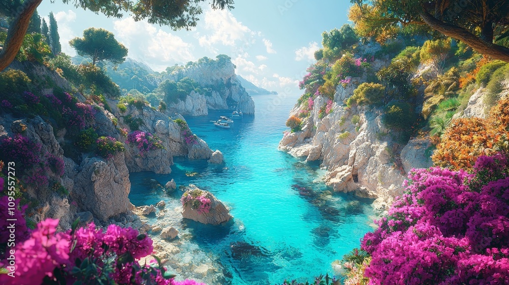 Naklejka premium Breathtaking tropical cove with colorful flowers coastal landscape nature photography serene environment vibrant viewpoint for relaxation