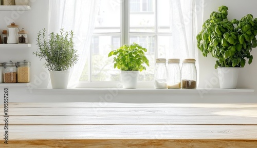 Minimalist White Kitchen with Rustic Wooden Counter and Bright Natural Light Background