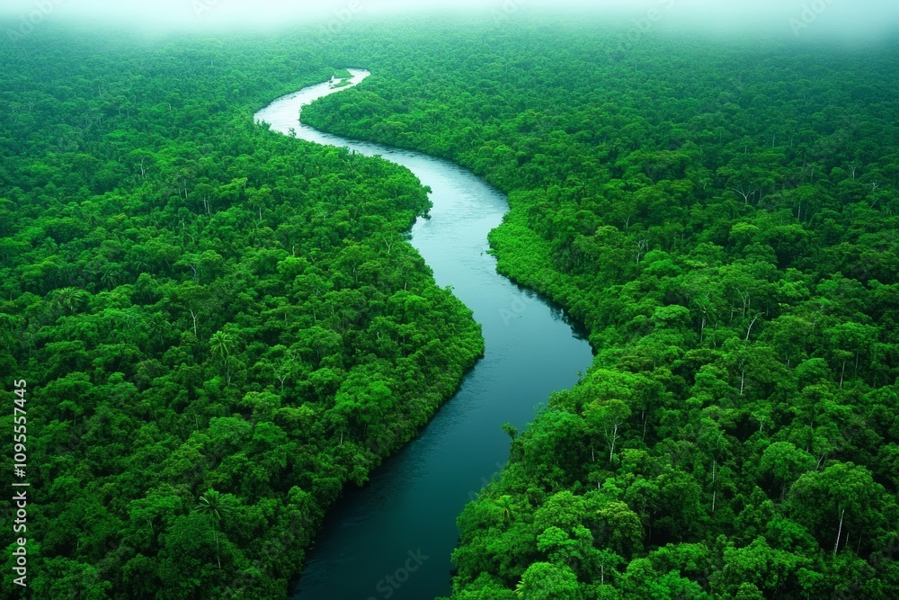 Aerial View of Lush Rainforest with Winding River in Foggy Atmosphere Aerial View of Lush Rainforest with Winding River in Foggy Atmosphere