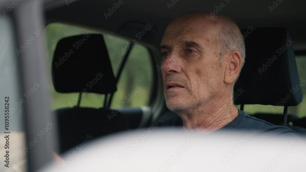 Elderly Man Waits In Traffic In The Car Singing A Song On The Radio Elderly Man Waits In Traffic In The Car Singing A Song On The Radio