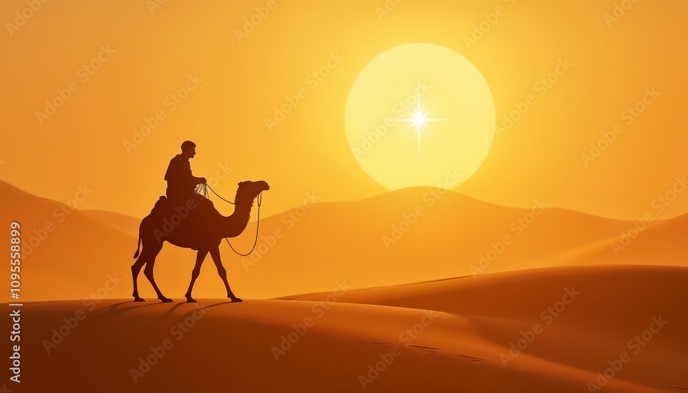 Camel and rider crossing a golden desert glow with the Star of Bethlehem in the distance Camel and rider crossing a golden desert glow with the Star of Bethlehem in the distance