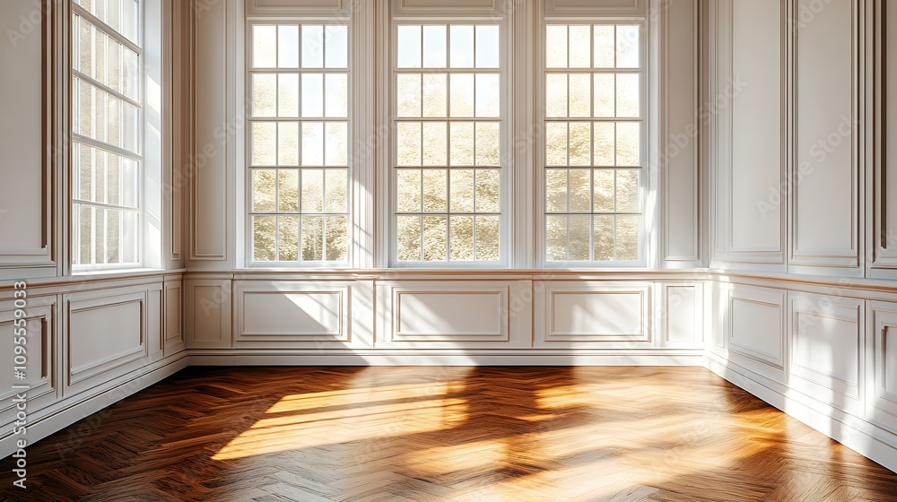 Obraz premium white empty room with shadow window and green plant on white wall luxury background and wooden floor 