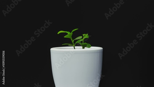 lemon citrus seedling tree in a white pot in front of a dark background spinnig. small and green lemon seedling photo