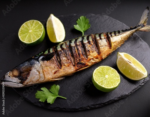 Grilled mackerel fish with lime on a black background photo