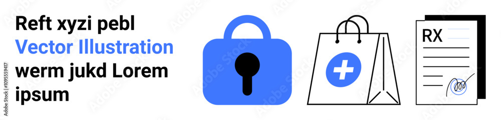 Lock icon, a shopping bag with a medical cross, and a prescription document highlighting online security, shopping, and healthcare information. Ideal for e-commerce, health, security, and online Lock icon, a shopping bag with a medical cross, and a prescription document highlighting online security, shopping, and healthcare information. Ideal for e-commerce, health, security, and online