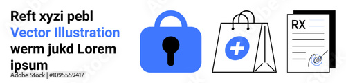 Lock icon, a shopping bag with a medical cross, and a prescription document highlighting online security, shopping, and healthcare information. Ideal for e-commerce, health, security, and online