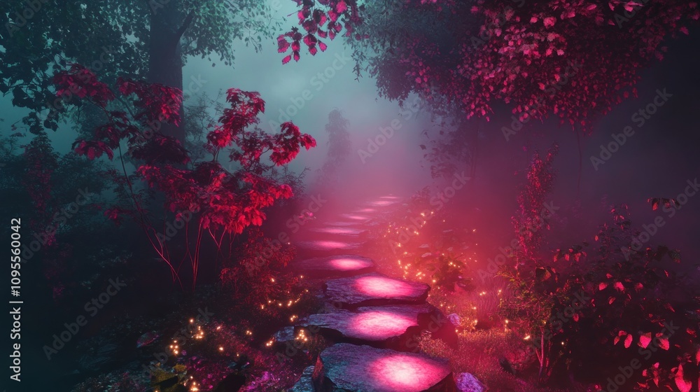 A mystical path illuminated by vibrant lights in a foggy forest.