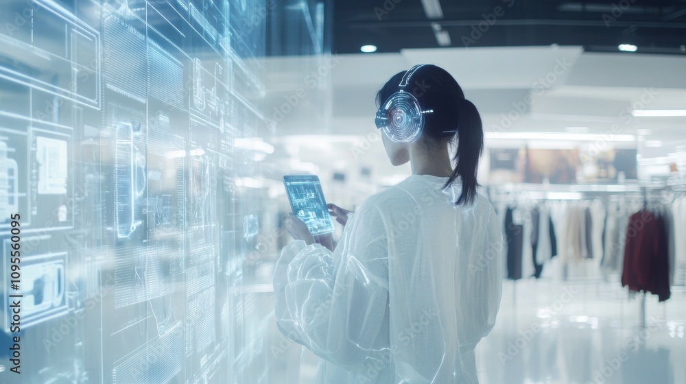 Futuristic AR shopping settings with hologram. Digital shopping concept. Futuristic AR shopping settings with hologram. Digital shopping concept.
